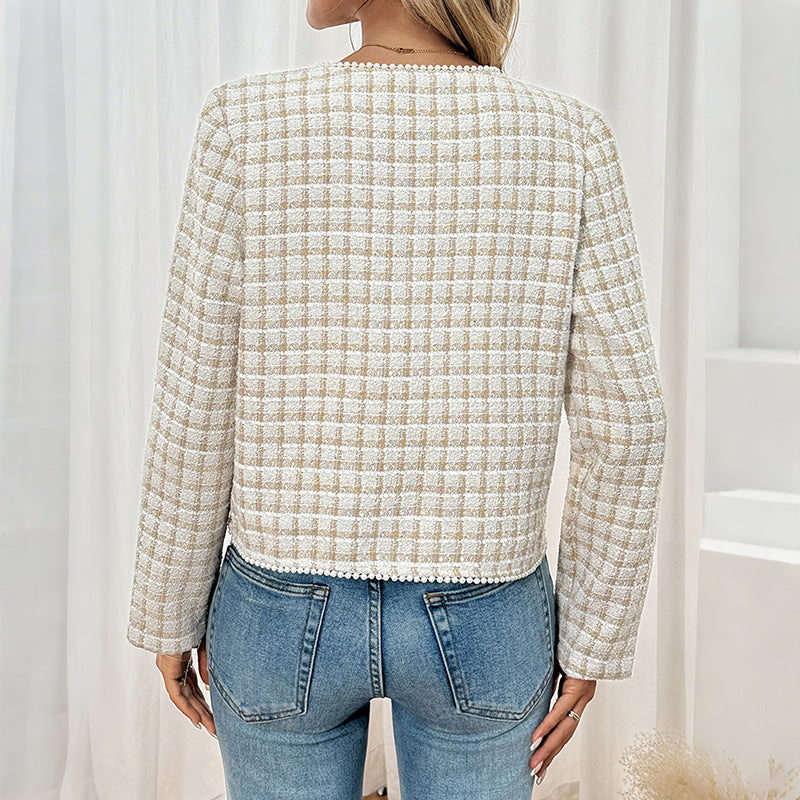 Elegant Beaded Fitted Tweed Style Cardigan Coat for Women