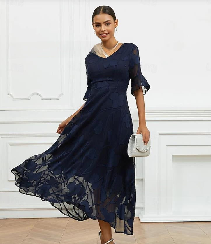 Womens Elegant V-Neck Jacquard A-Line Midi Dress