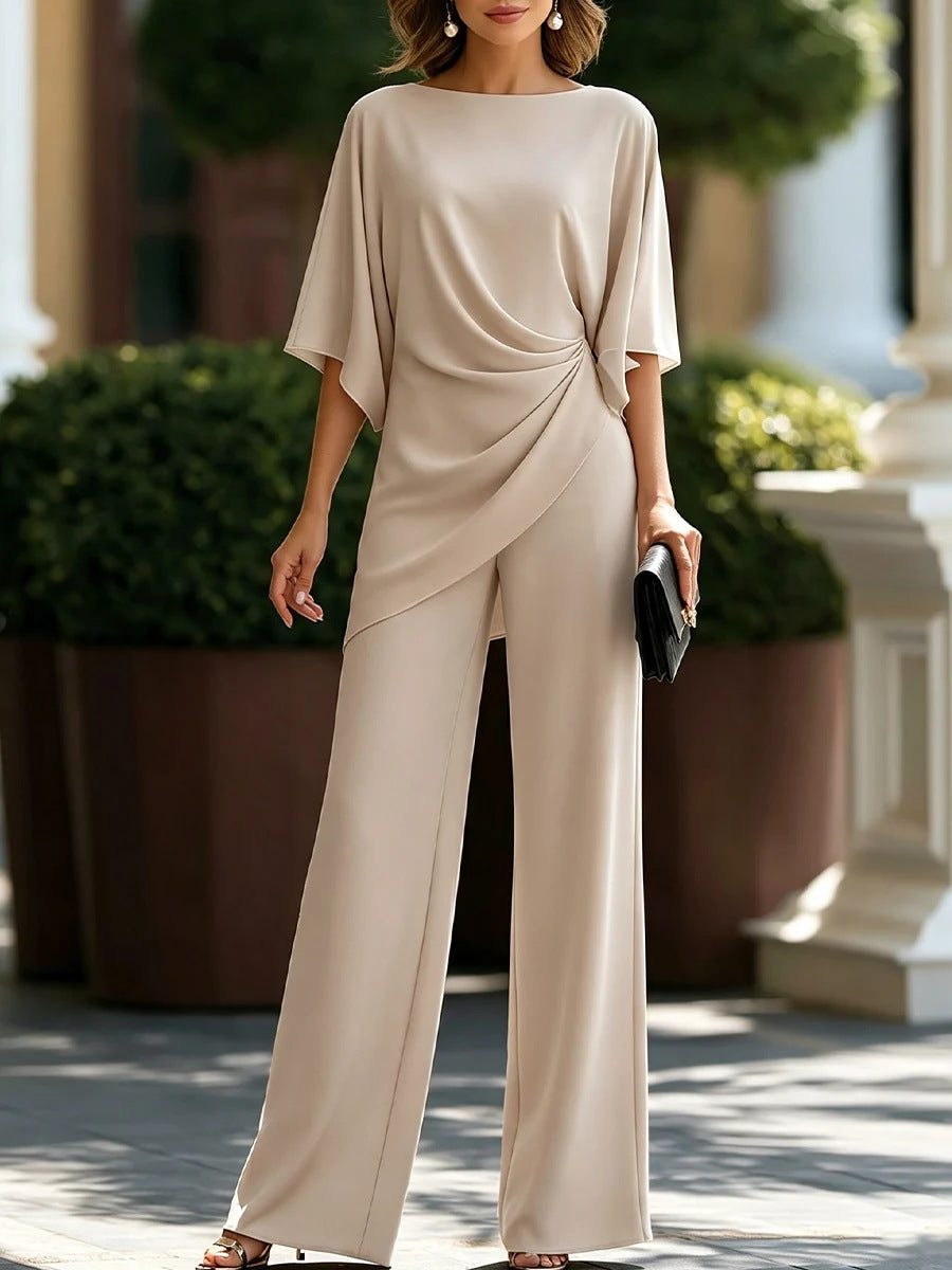 Damesblouse met 3/4 mouwen plooien en wijde broek 2-delige set