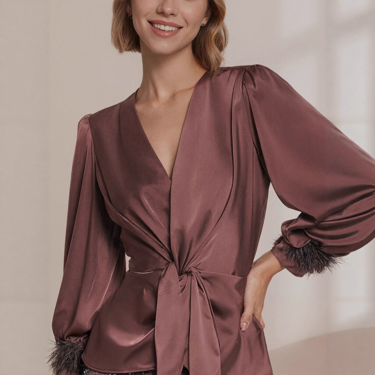 Blouse met lange pofmouwen franje en bandjes die de taille afslankt