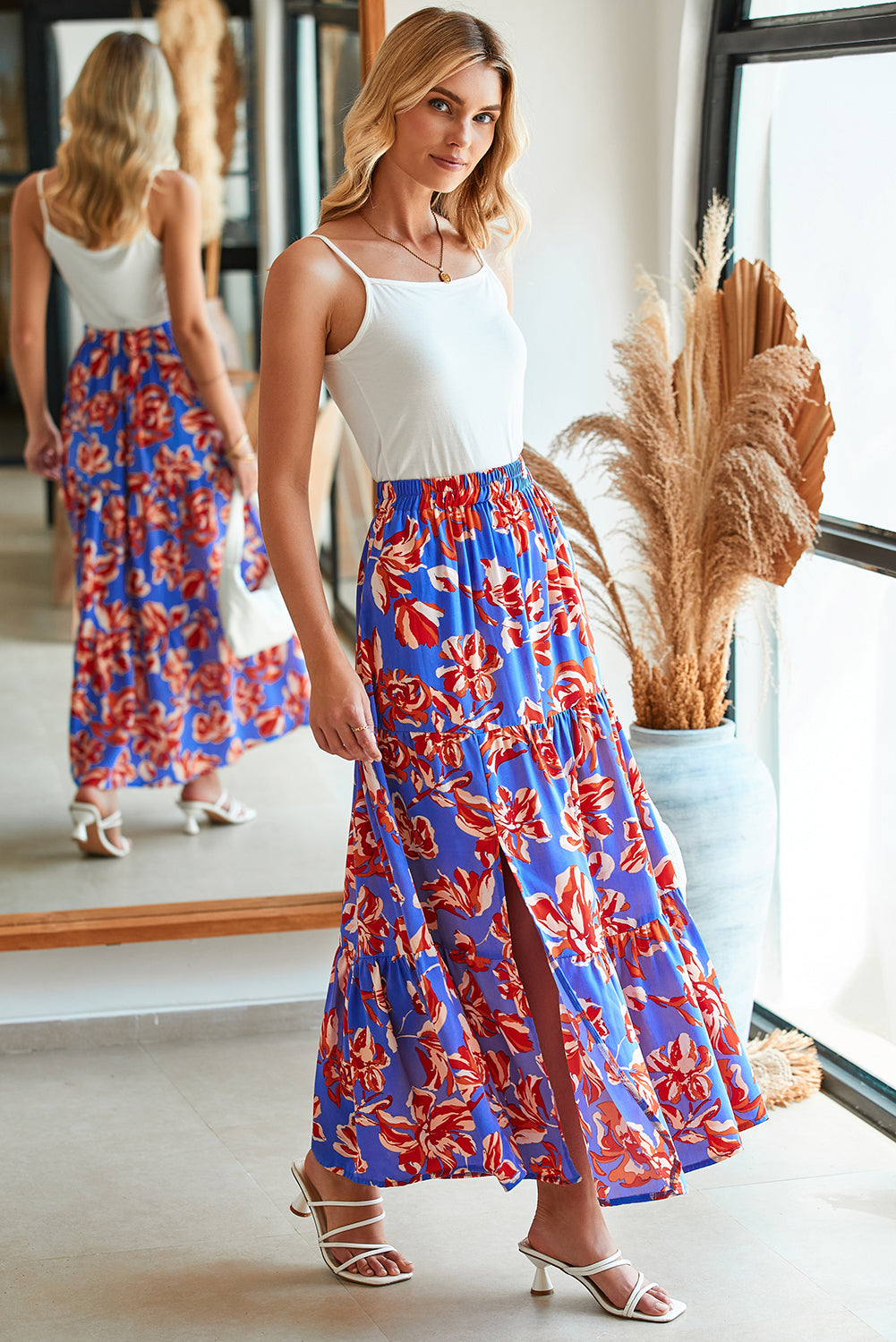 Bohemian maxi-rok met bloemenprint meerdere lagen en split