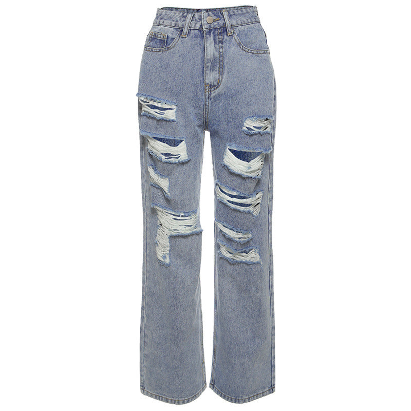 Amerikaanse Street Ripped Jeans Dames Lichte Kleur Hoge Taille