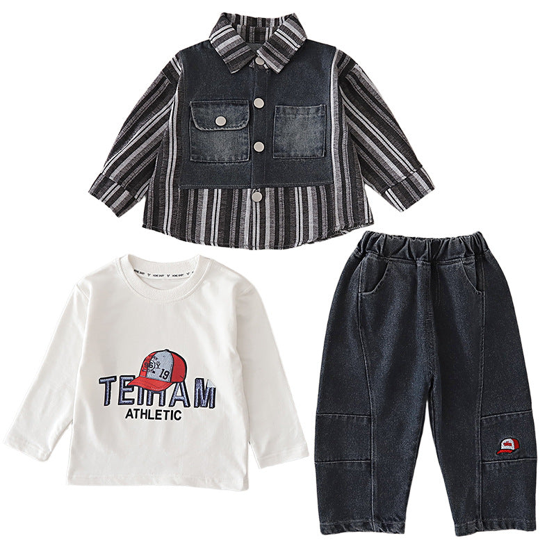 Striped patchwork denim long sleeved three piece set for men