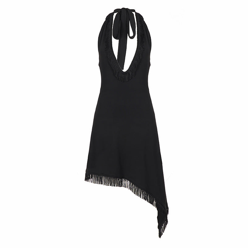Sexy Tassel Patchwork Deep V Halter Neck Dress