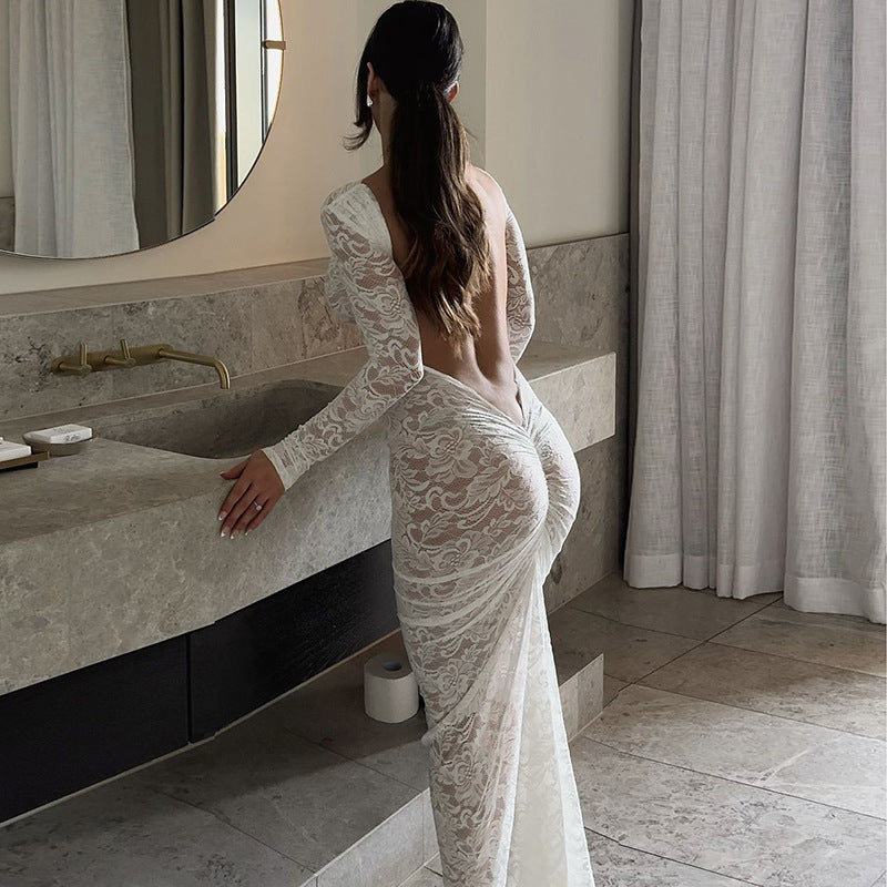 European and American Amazon New Sexy Backless Lace Flower Perspective Slim-fit Long-sleeved Street-style Long Hip dress