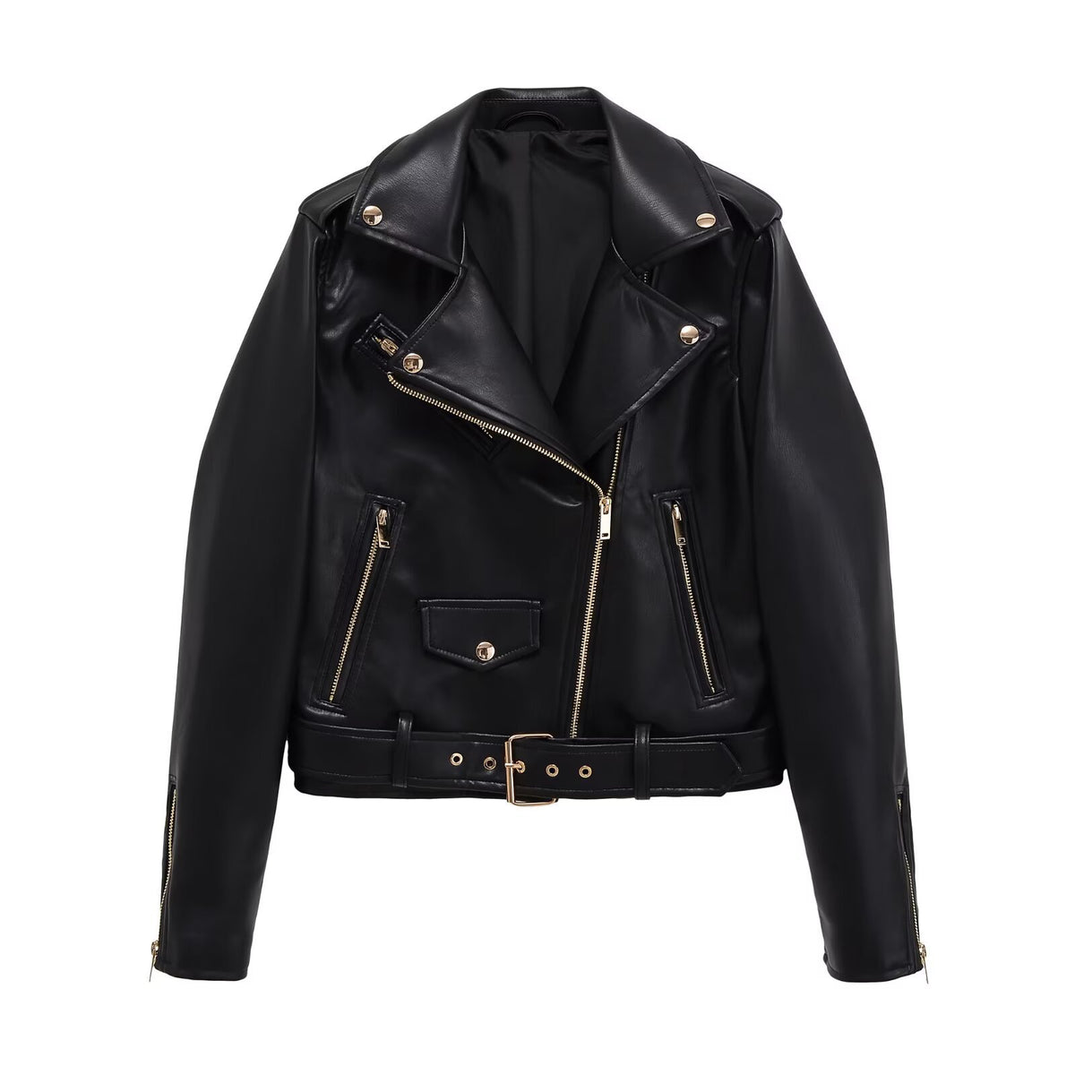 Imitatie leren bikerjack met asymmetrische ritssluiting en ceintuur voor dames