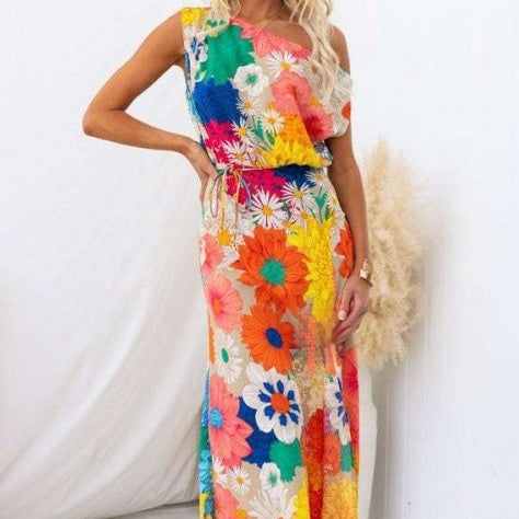 Bedrukte sexy jurk met schuine schouders en split