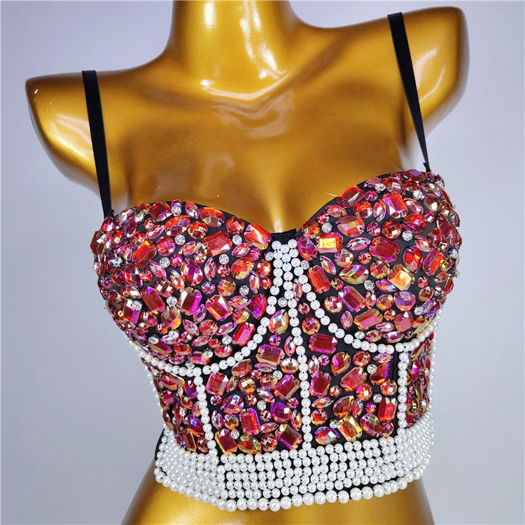 Handgemaakte strass kralen push-up bustier crop top