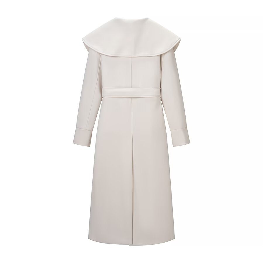 Elegante wollen jas met brede revers en tailleband