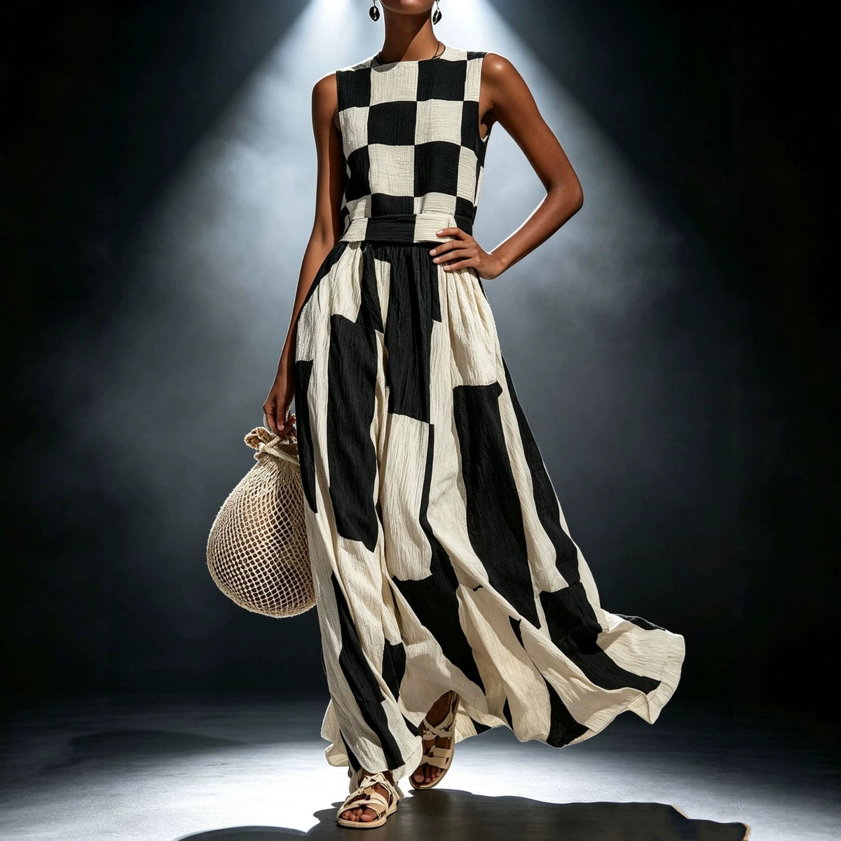 Mouwloze geruite losse maxi-jurk met ronde hals