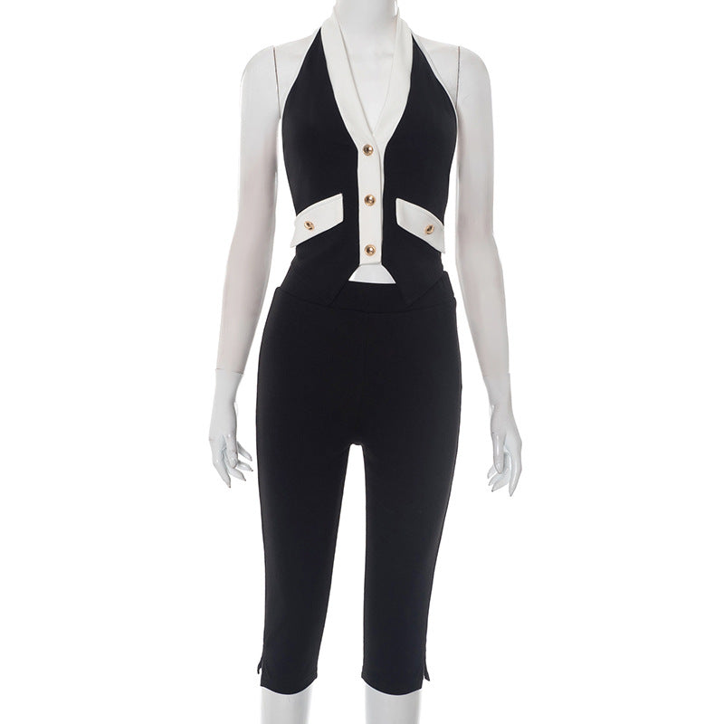 Women's Halter Neck Backless Jumpsuit Set