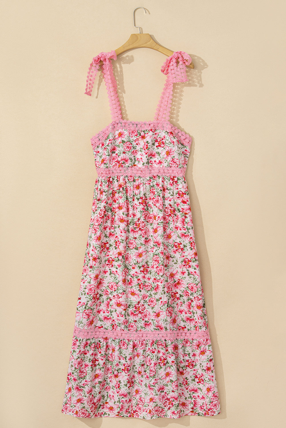 Maxi-jurk met bloemenkant strikbandjes en empiretaille