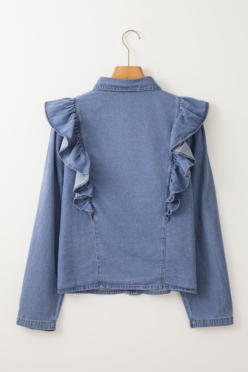Denim blouse met knoopsluiting ruches en lange mouwen