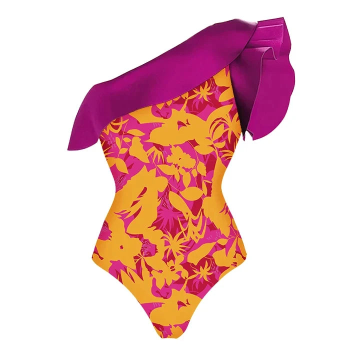 Badpak met één schouder ruches en print of als set met sarong
