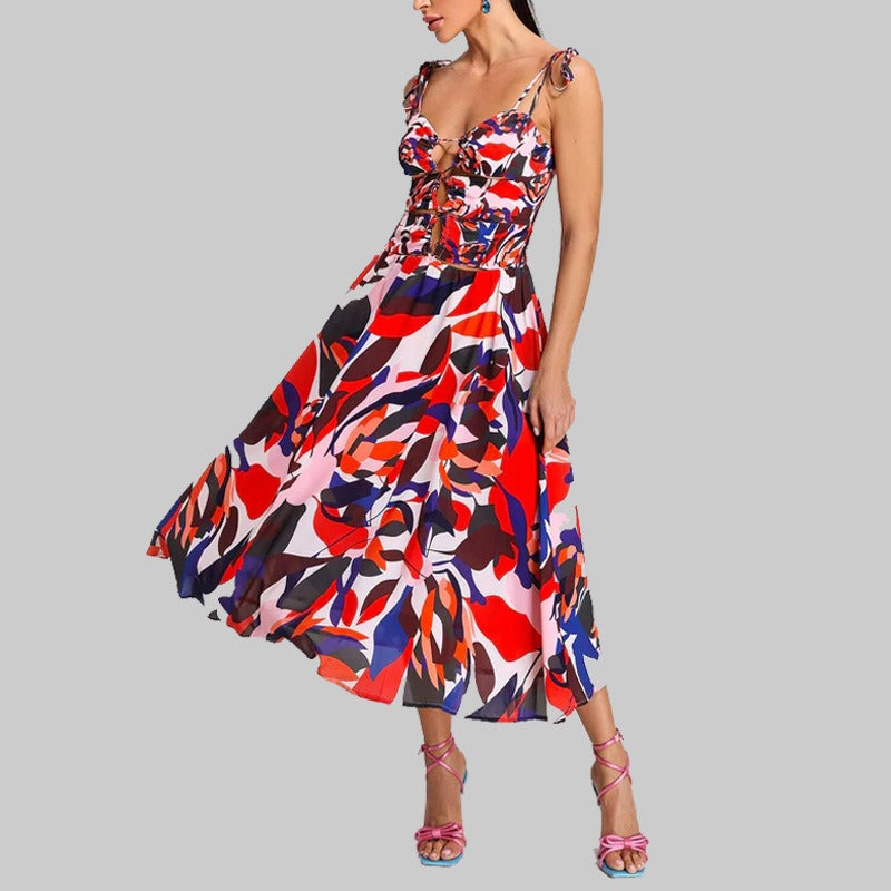 Bohemian dress, large swing beach skirt, summer strap, V-neck print, sleeveless backless new style