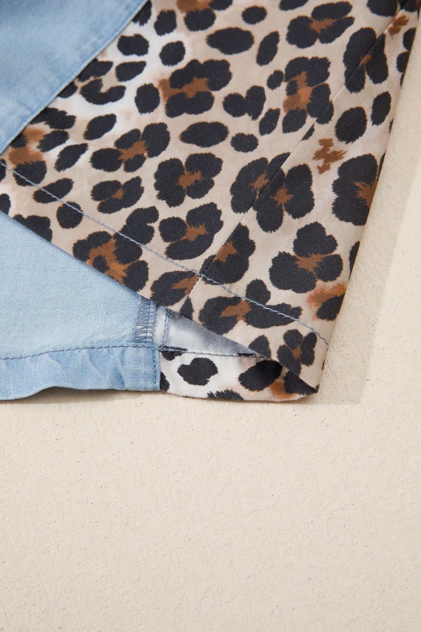 Myosotis Denim Color Block Leopard Patchwork Shirt Collar Mini-jurk