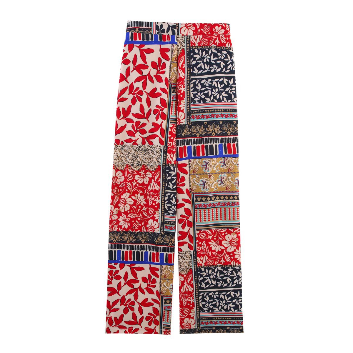 Women's Clothing Patchwork Printed Wide Sleeve V-neck Tunic + Color-blocked Wide-leg Pants