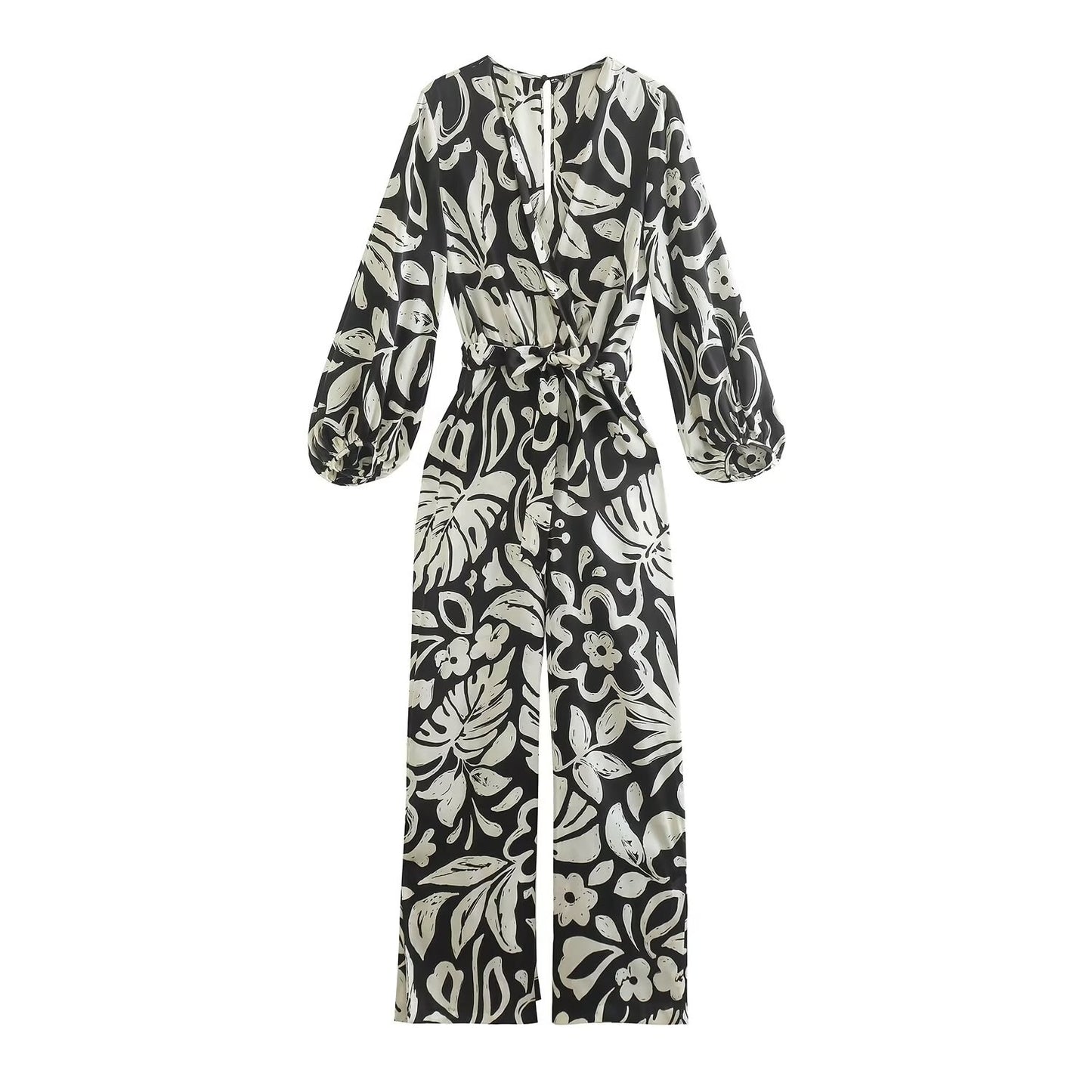Modieuze geprinte damesjumpsuit met ritssluiting en riem