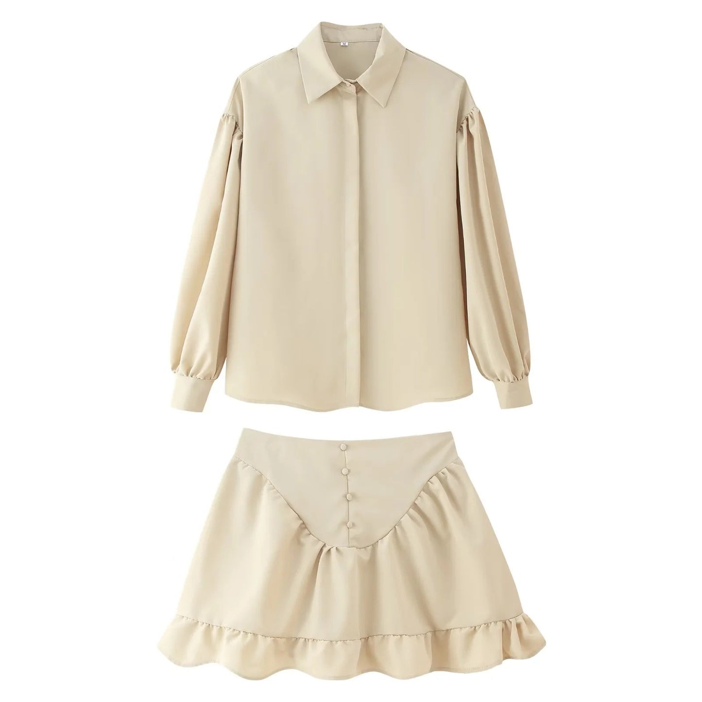 Women's Fashion Lapel Buttoned Blouse with Ruffle Hem Skirt Set