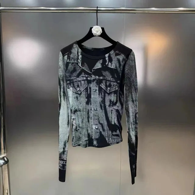 Spring New Collection Long Sleeve Print Shirt Distressed Bodycon Skirt Two Piece Set Women Tracksuits