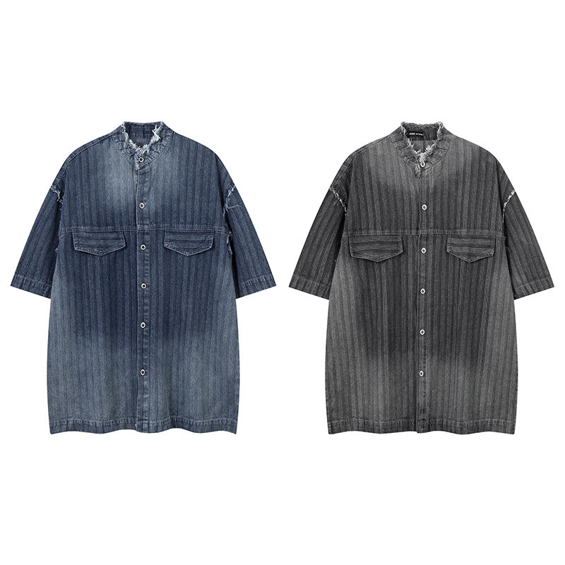 Washed Raw Edge Short Sleeve Shirt Summer Loose Casual Shirt
