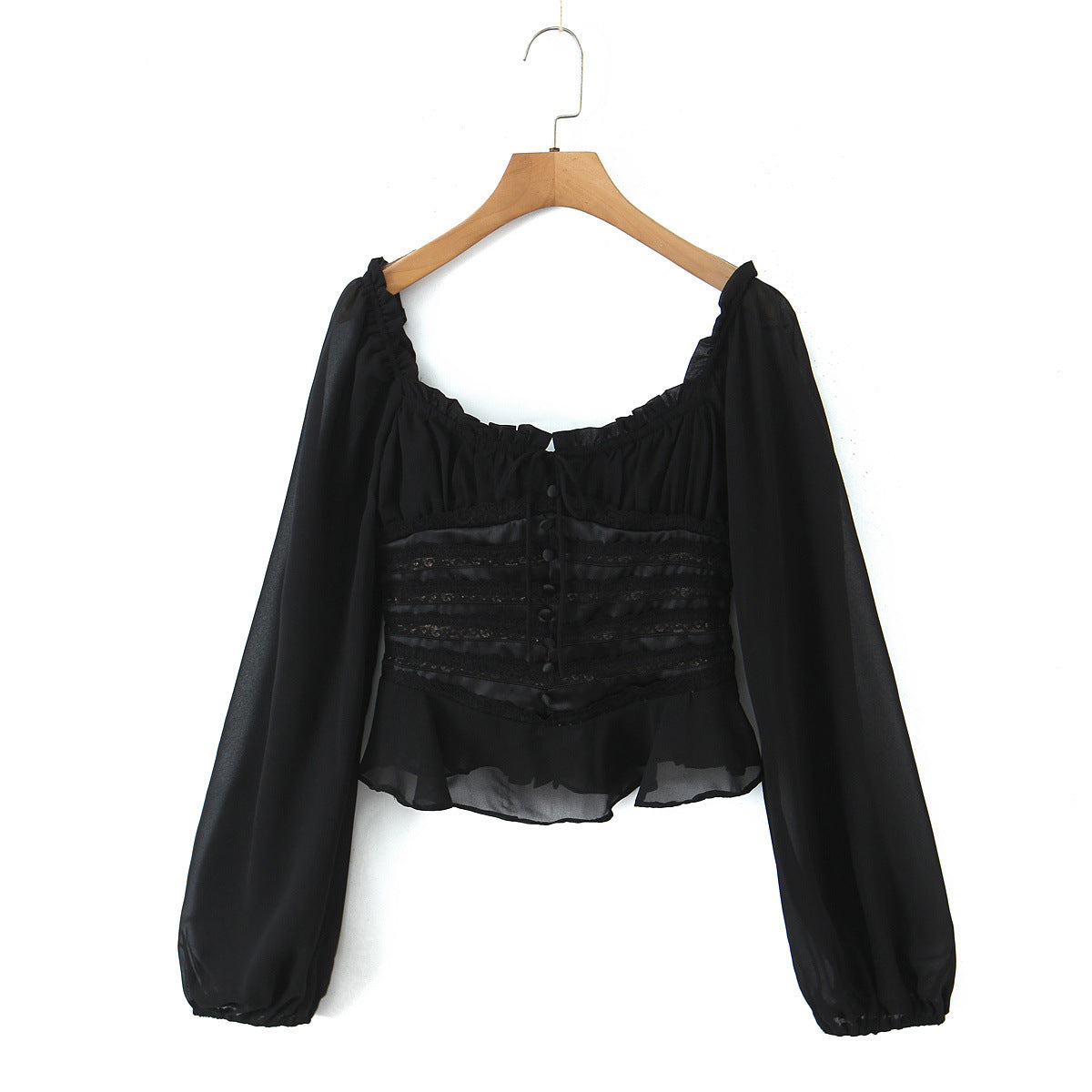 Sweet black long sleeved chiffon ruffle hem top