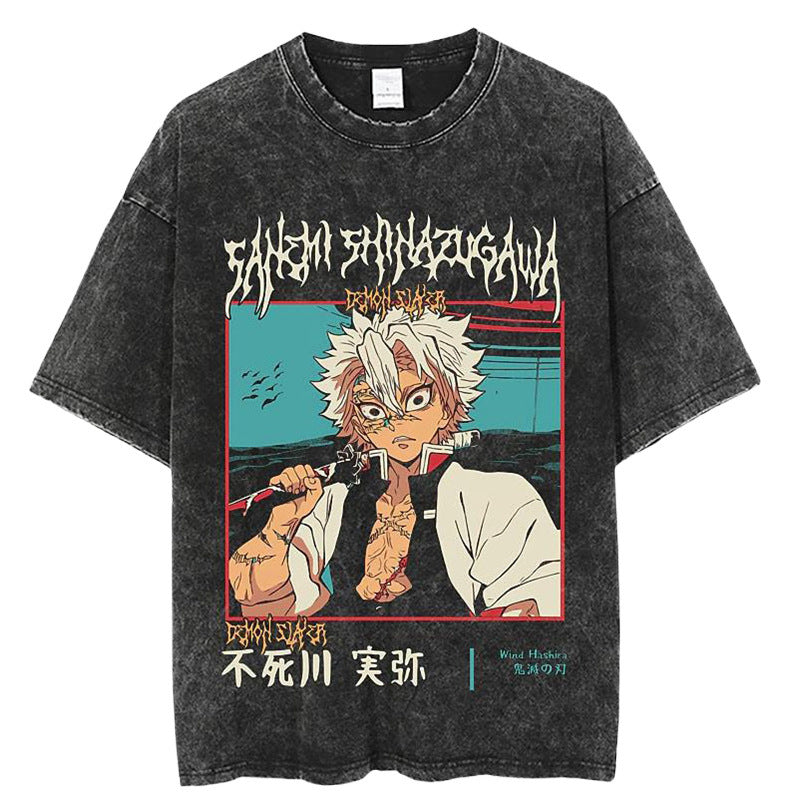 Anime Print T-Shirt Summer Cotton Washed Vintage Short Sleeve
