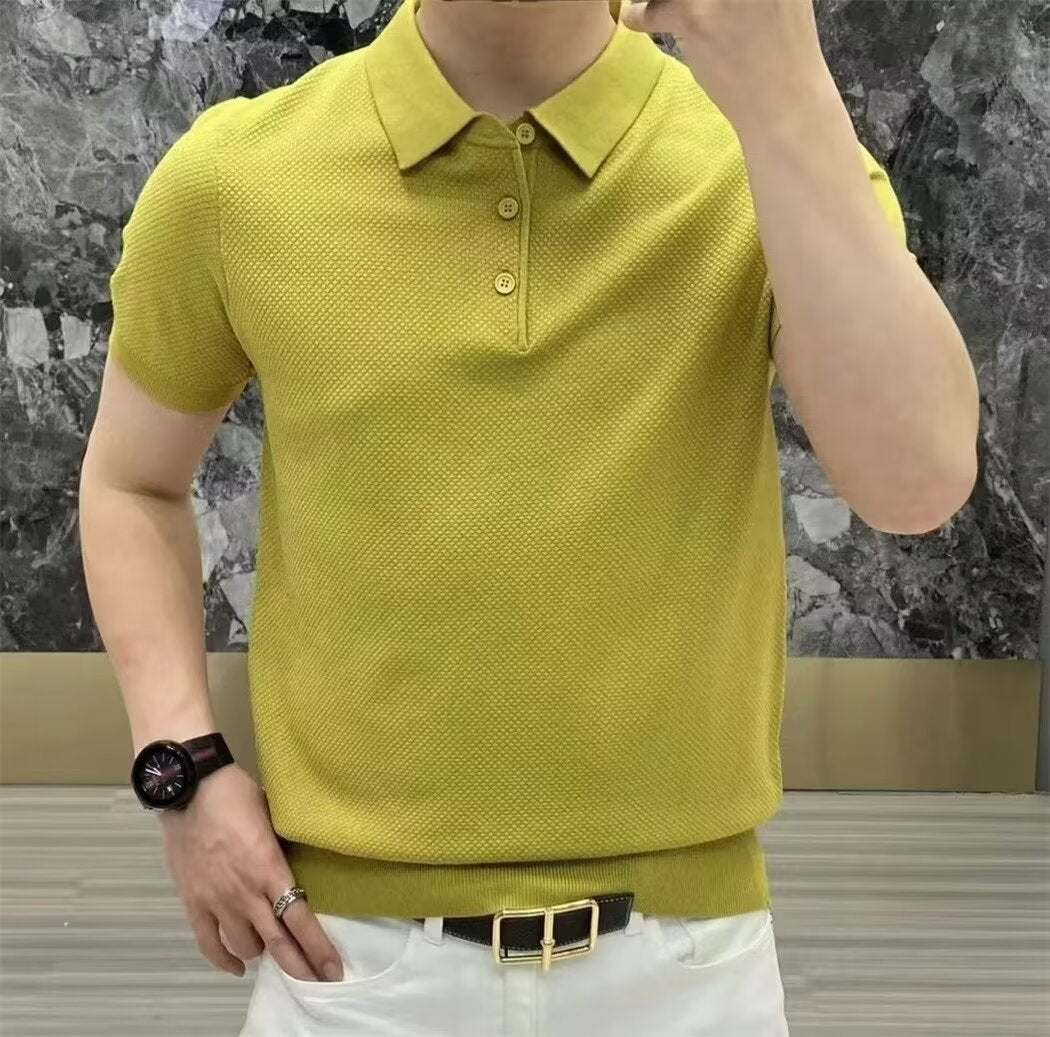 Fashion Casual Lapel Pure Color Polo Shirt Casual Knitted Short-Sleeved Men's Summer New Breathable Trendy Men's T-Shirt