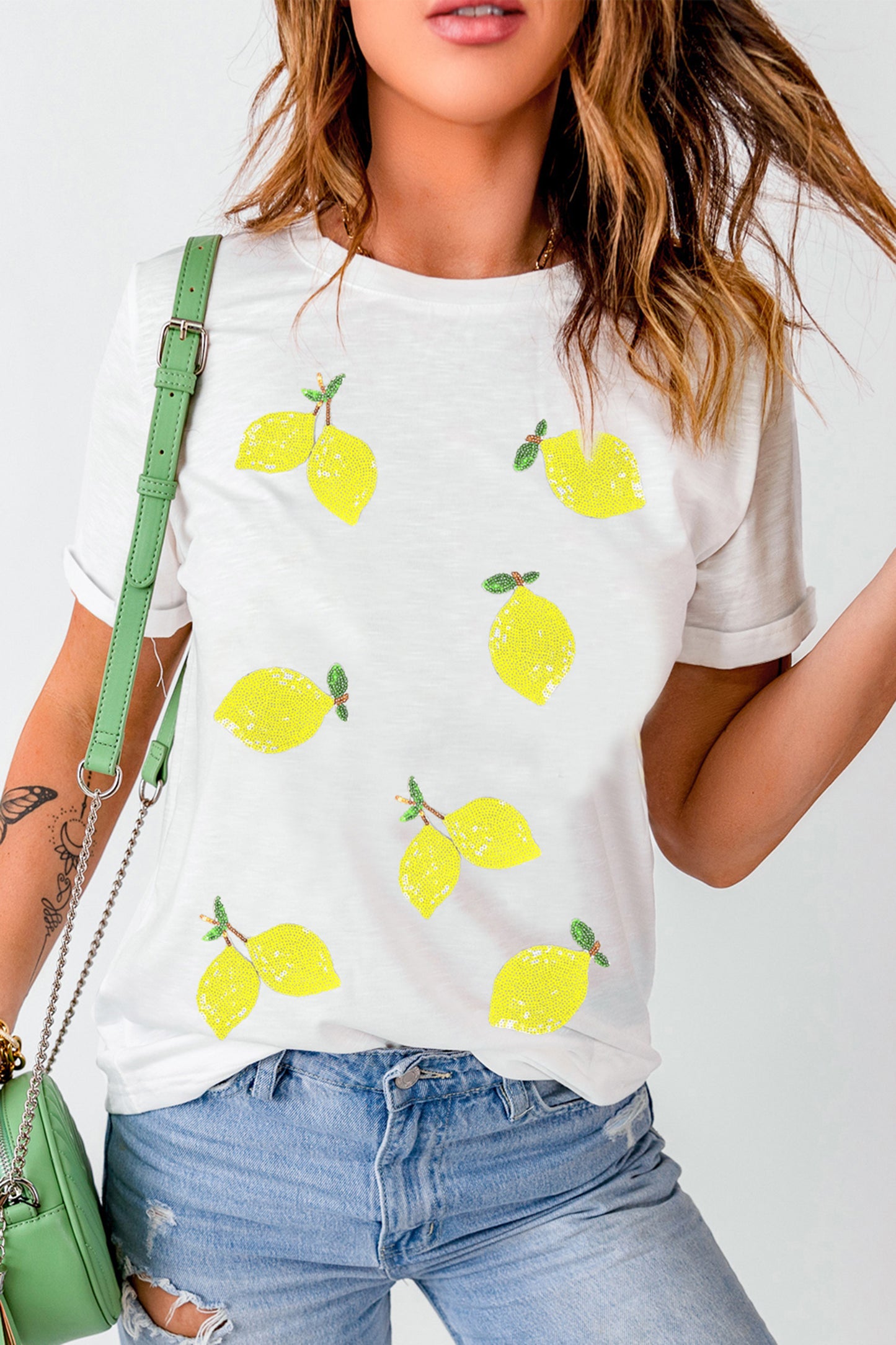 Witte zomerse casual T-shirt met pailletten en citroenprint