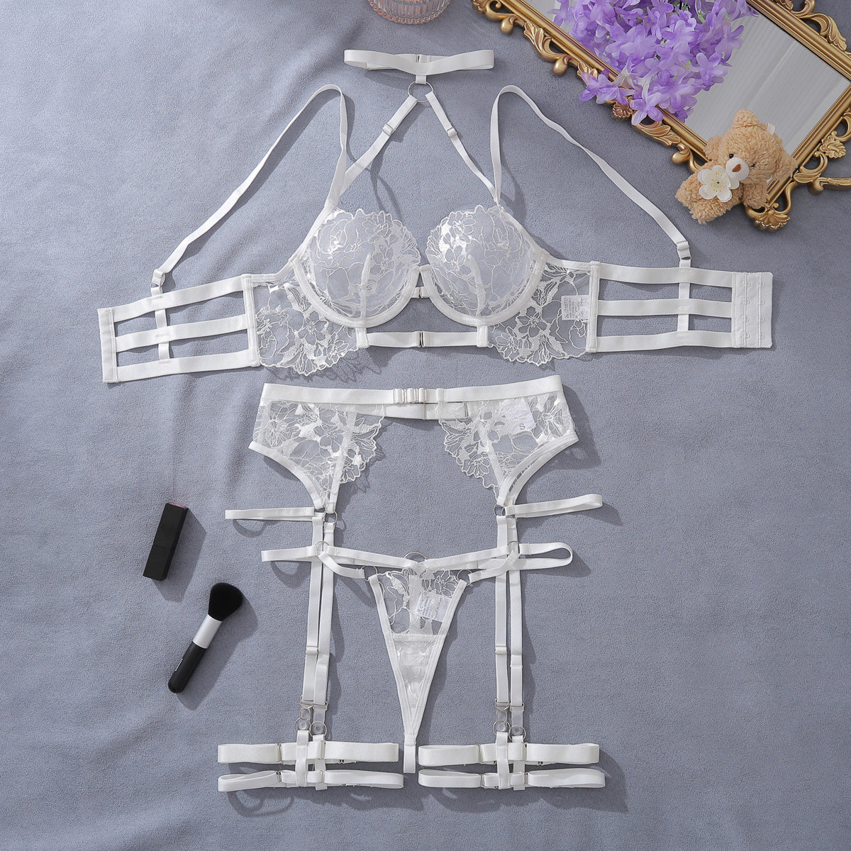 Embroidered Sheer Lingerie Garter Set