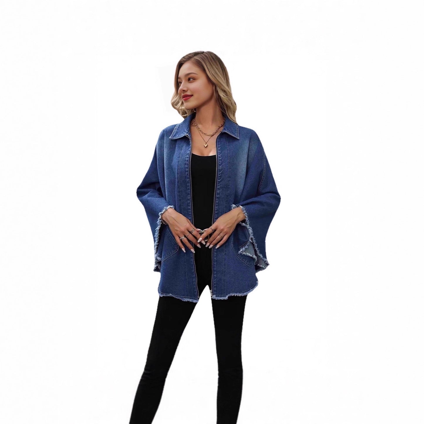 Women's Denim Jacket Fashion Loose Turn-down Collar Batwing Sleeve Jacket Outerwear