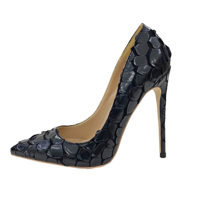 Black Python Pattern High Heels Women's 12Cm Pointed Toe Stiletto Shoes