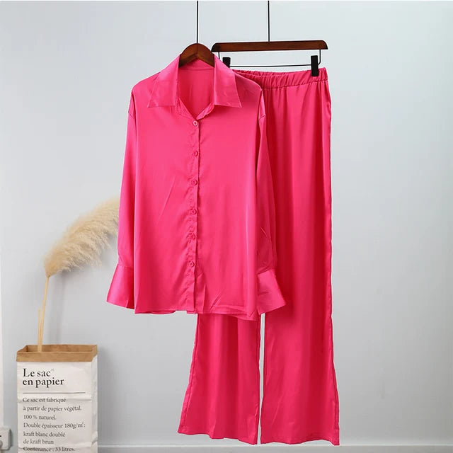 Elegant Satin Women's Matching Sets Casual Long Sleeve Shirt Straight Pants Suit Female Loose Solid Tops Two Pieces Outfits