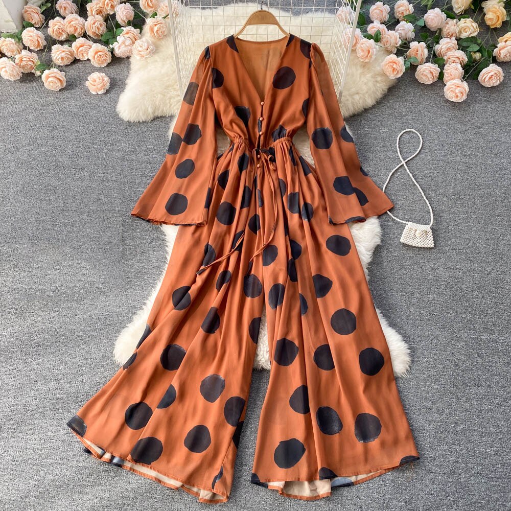 Tingfly Franse Chi Polka Dot Print Bohemian Casual Wijde Pijpen Jumpsuit
