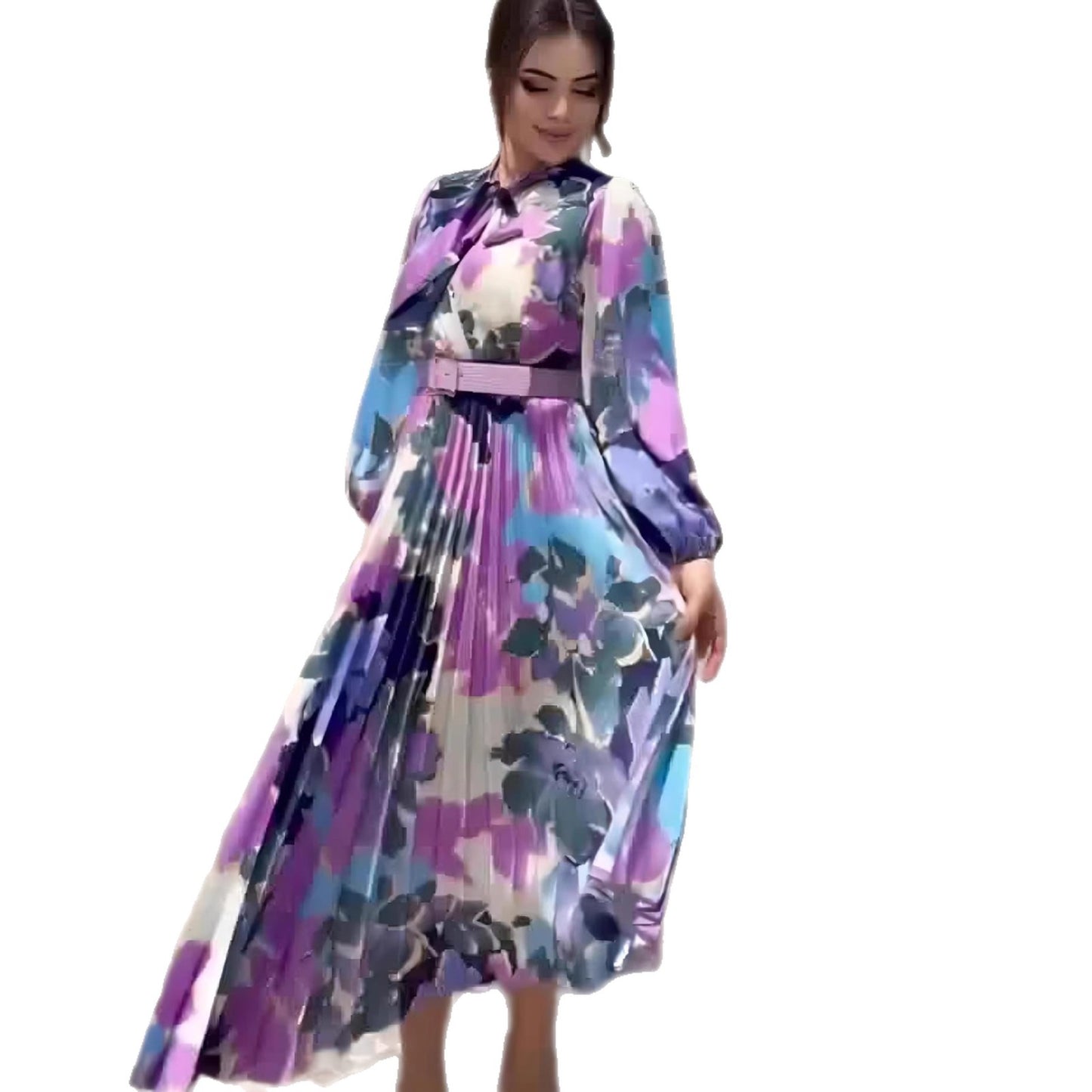 Printed Scarf Neck Elegant Design Dress Spring Fitted Waist New Puff Sleeve