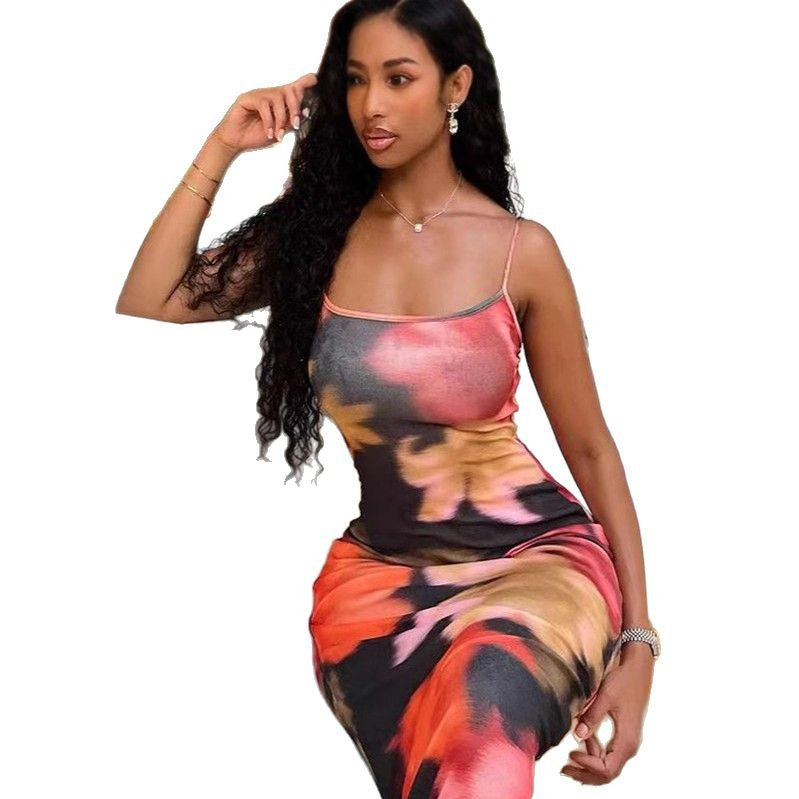 Summer New Women's Strap Printed Knit Dress Long Dress