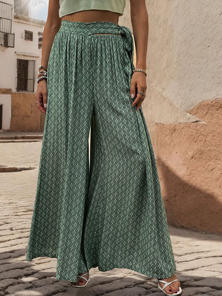 New European and American summer women's clothing ethnic style printed wide leg pants with large horns