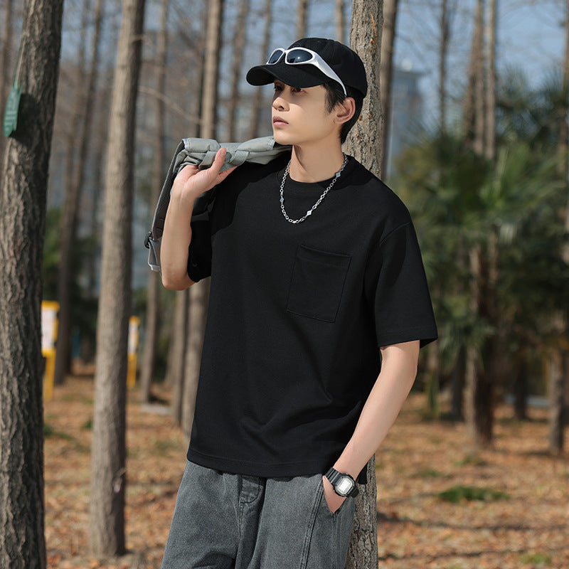 Short sleeved T-shirt men's spring and summer trend pocket top