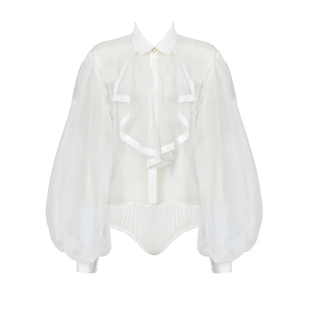 VC Ruffles Dresses For Women 2022 Summer New Trendy Long Sleeve Turndown Collar Loose One Piece Organza BodySuit