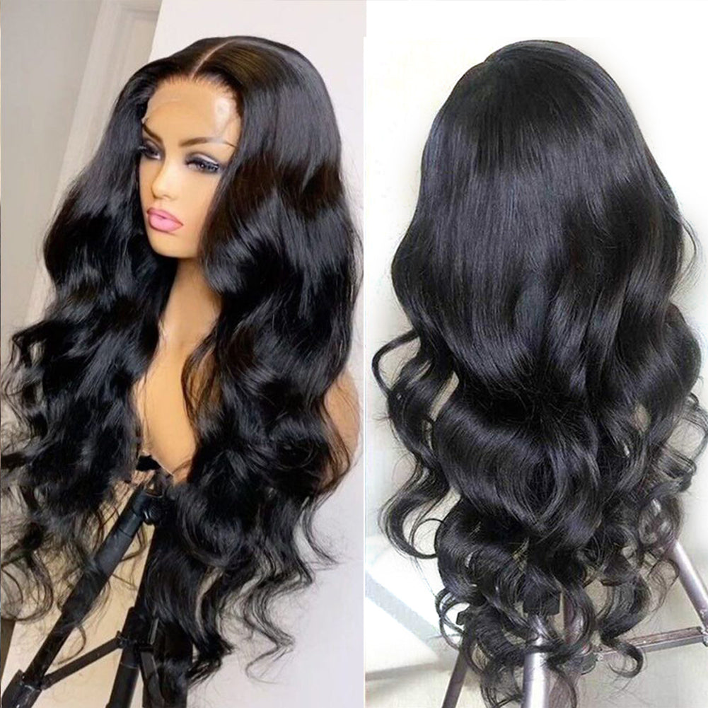 Lange golvende synthetische lace wig