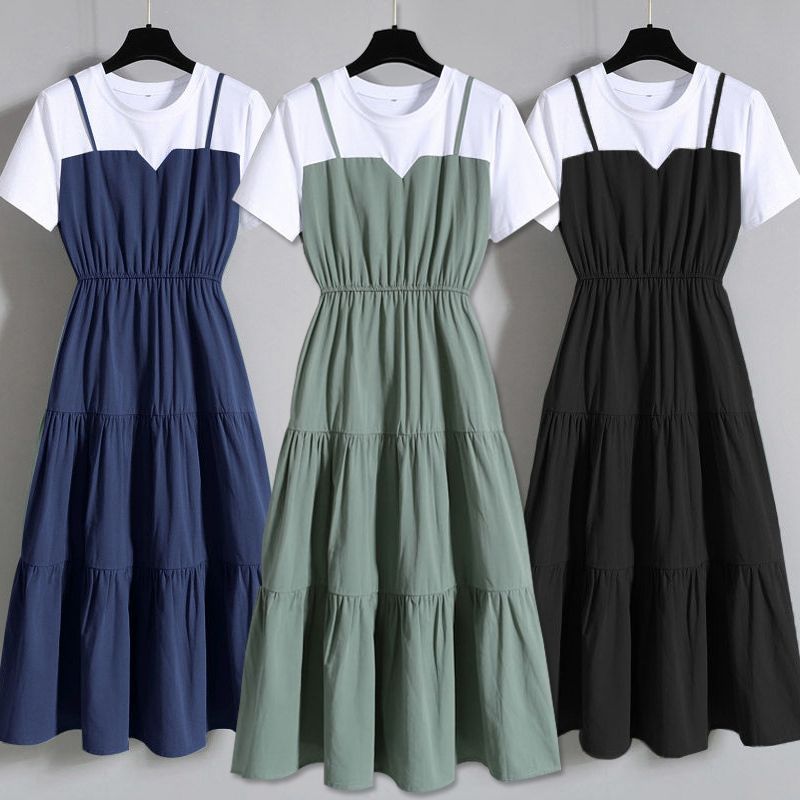 Plus Size Women's Strap Fake Two-Piece Long Dress Fat Girl Waist-Slimming Short Sleeve Dress