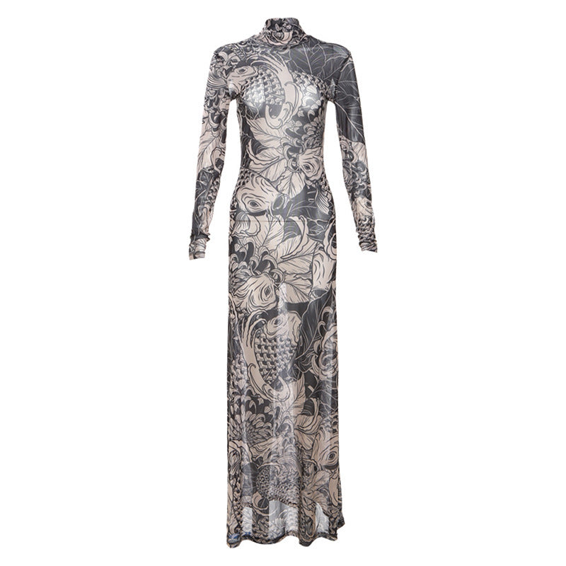 Women Autumn Winter Long Sleeve Mesh See Through Streetwear Bodycon Long Dress Wholesale Items For Business
