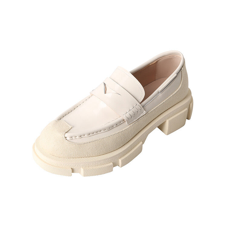 Women Loafers Shoes Genuine Leather Thick Heels Pumps Round Toe Causal Med Heel Ladies Footwear Spring Autumn Black