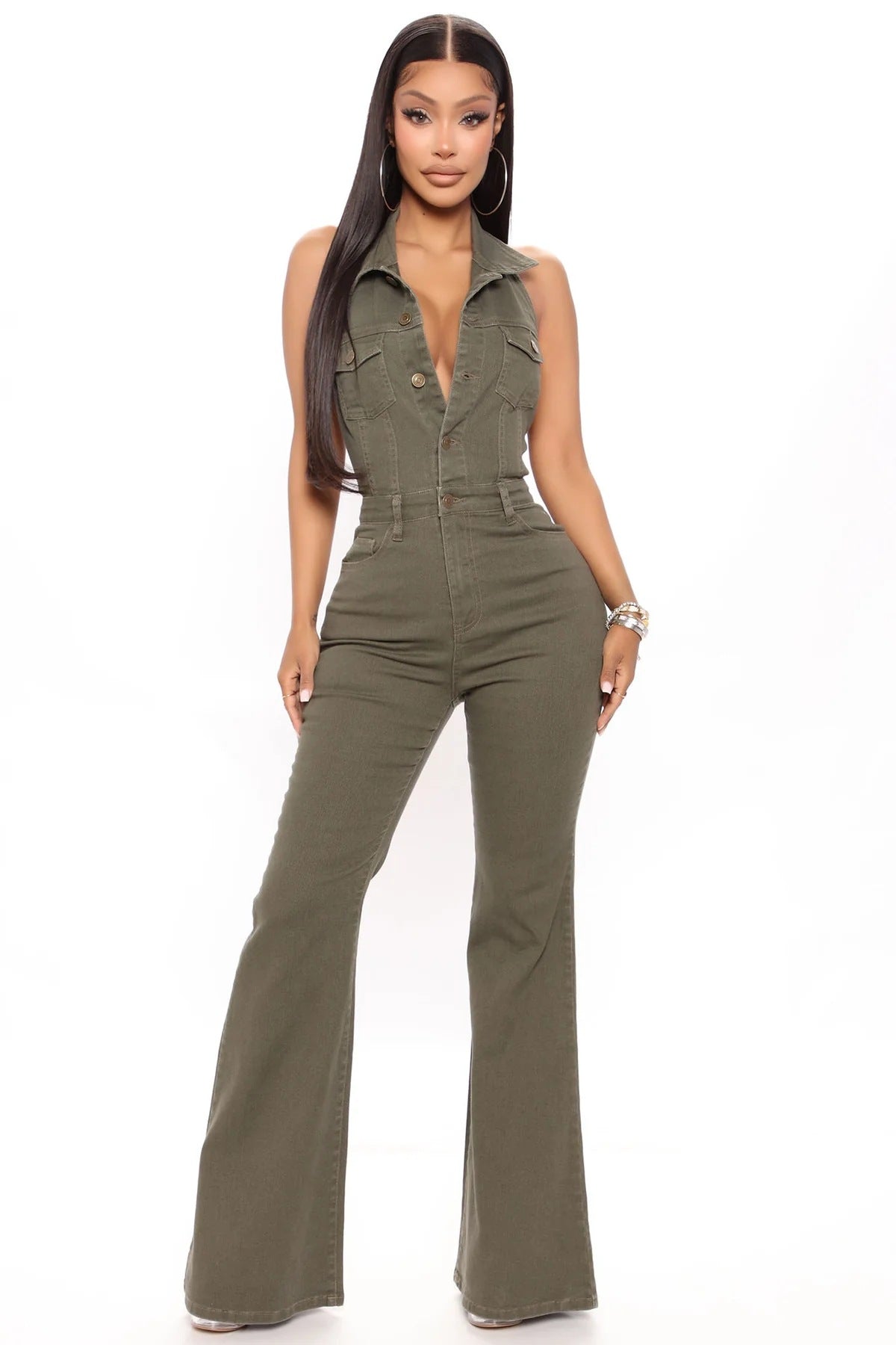 Women's Denim High Elastic Jumpsuit with Pocket