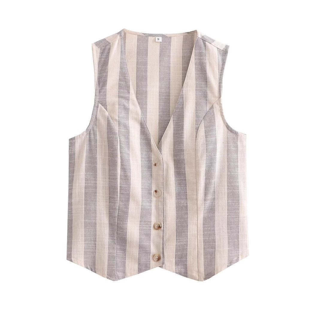 Women's Clothing Imitation Linen Striped Tank Top + Long Pants Set