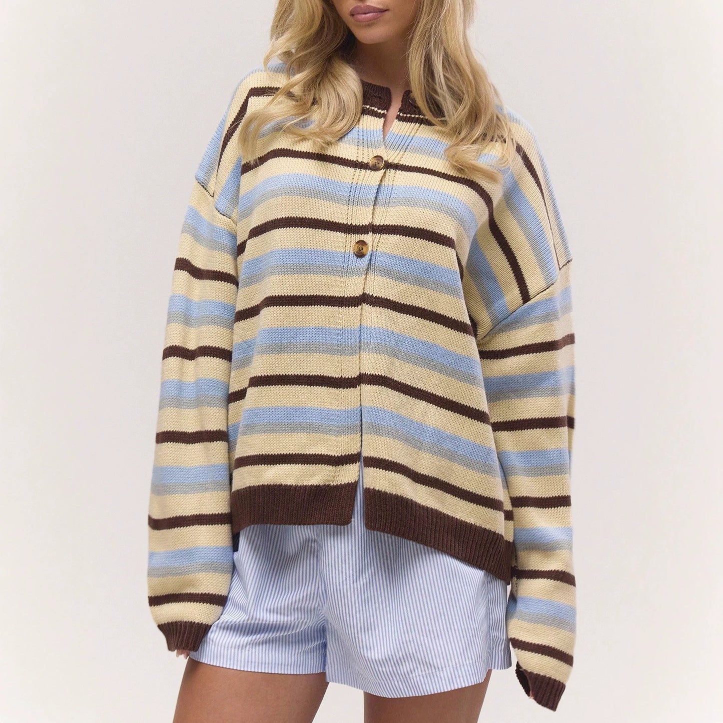 Women's Casual Color-Block Striped Loose Knit Cardigan