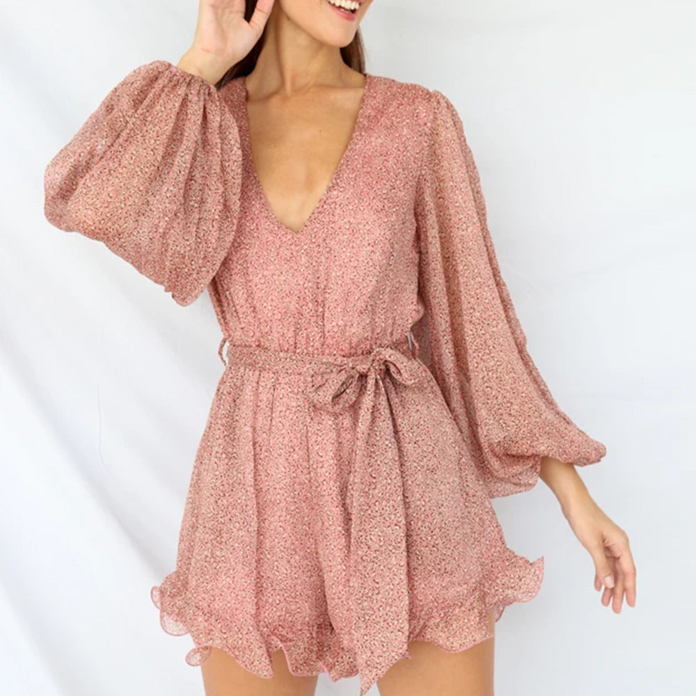 Geplooide jumpsuit met print ruches en pofmouwen