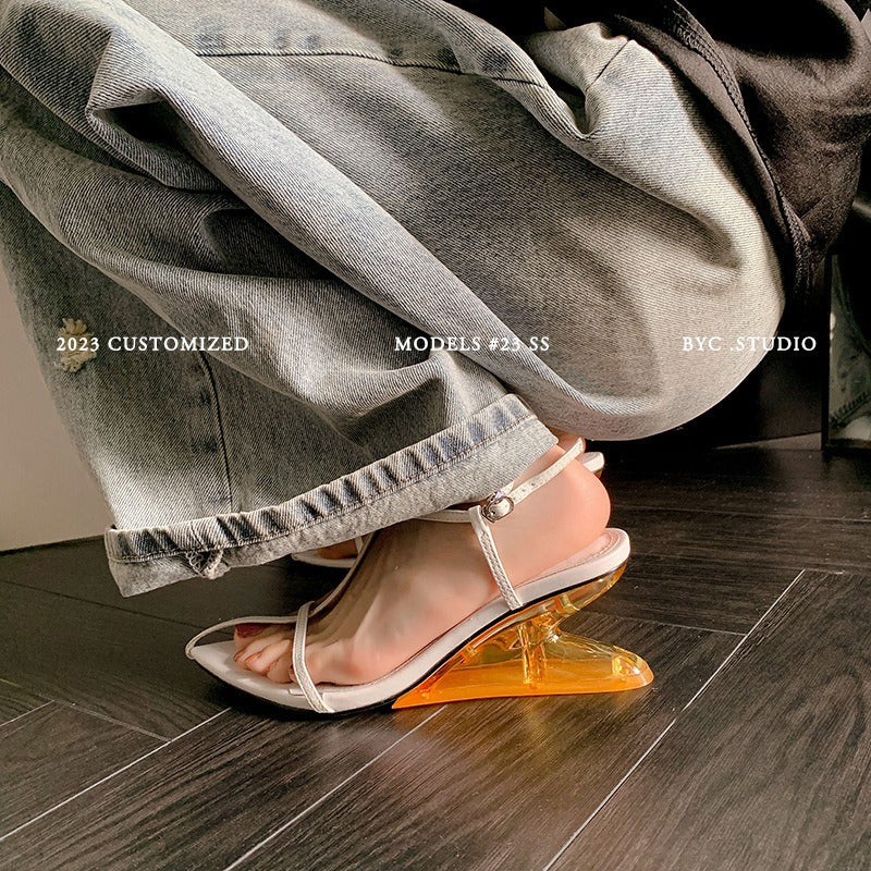 Sharp pointed shaped heel sandals, spicy thin strap shoes, slope heel sandals, high heels