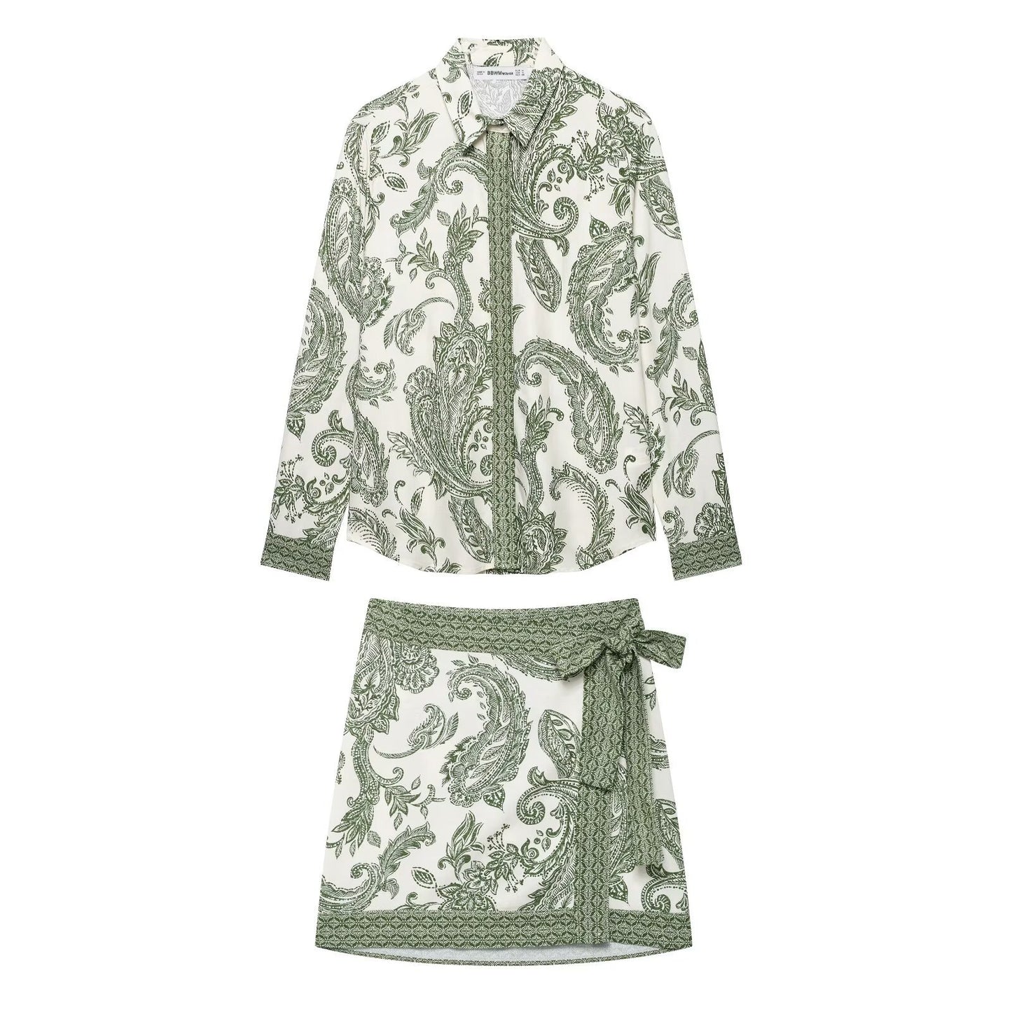 Printed shirt top+printed skirt set
