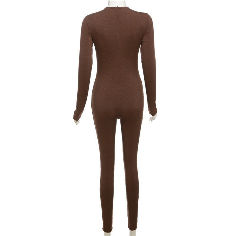 Style Solid Color High-Waisted Skinny Bodycon Jumpsuit Women Streetwear Sporty Fashion